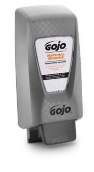 grey casing soap dispenser with branding on facing